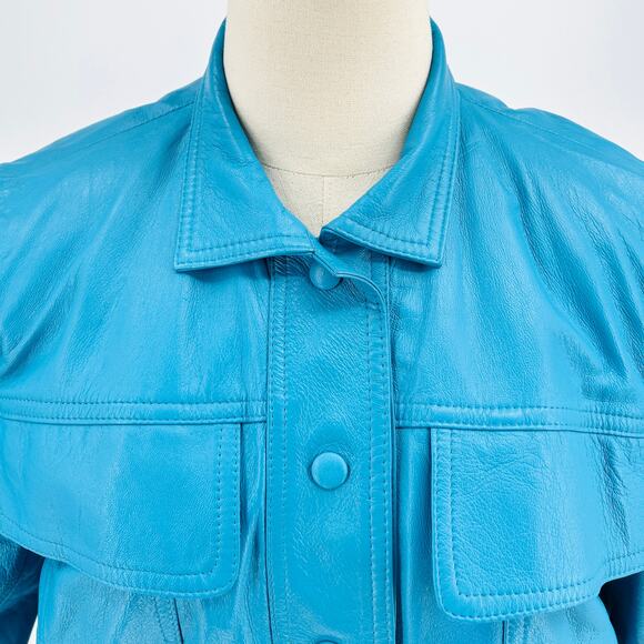 Vintage Lillie Rubin Exclusive Genuine Leather Turquoise Blue Bomber Jacket - Picture 2 of 9